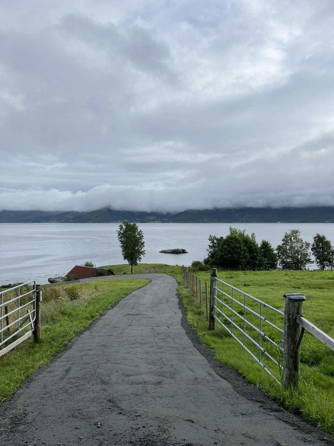Ferdig grusa veg ned til naustet ved fjorden med gardsport på begge sider